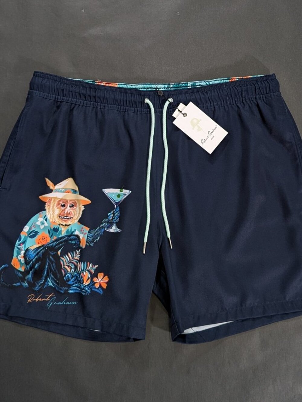 Robert Graham Swim Trunks Men`s Size XL 36 Monkey Martini Blue Lined Shorts
